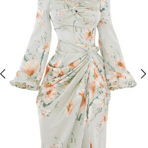 Sage Green Floral Twist Bust Draped Midi Dress Size 6 US NWT